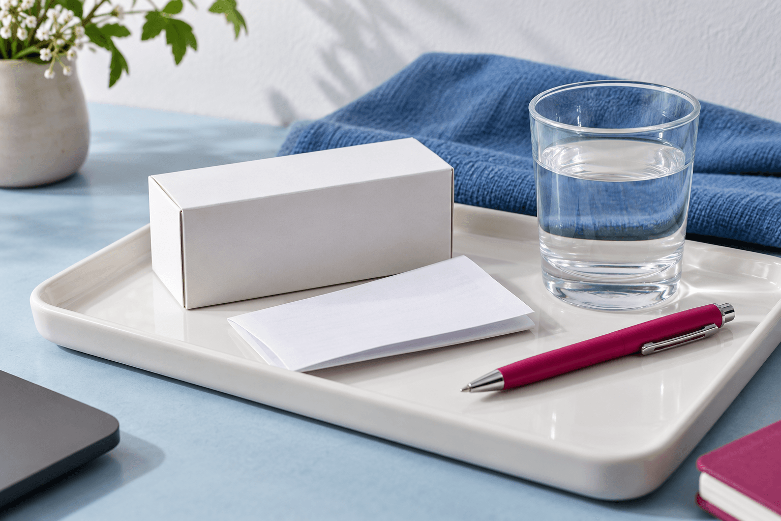 Blank medicine carton and folded leaflet beside a glass of water and pink pen