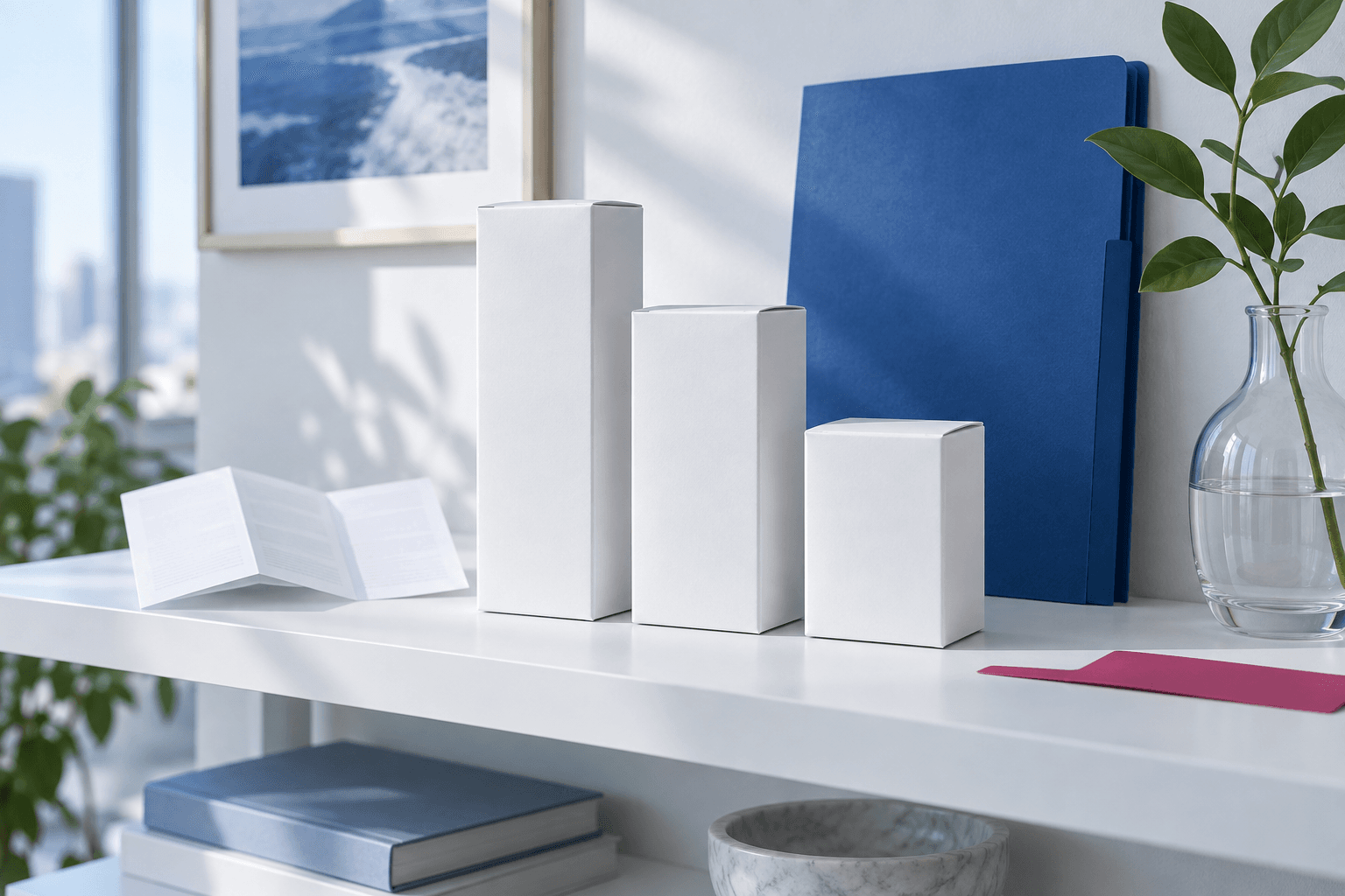 Unbranded white cartons and a folded information sheet beside a blue folder