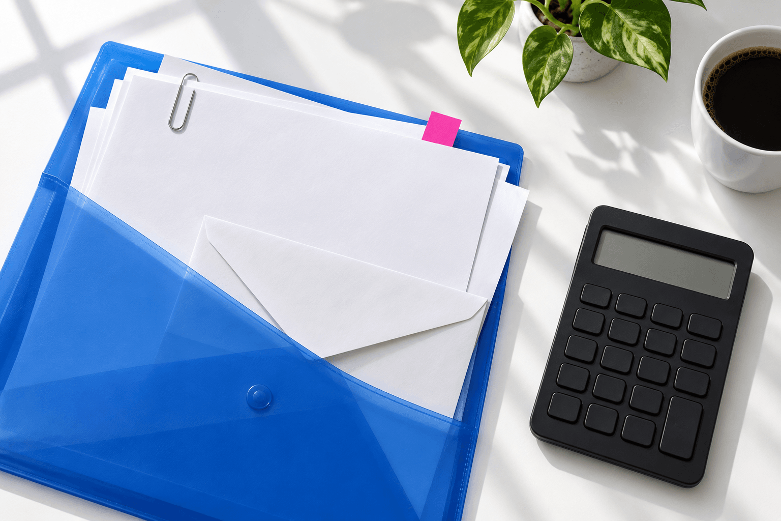 Blue document folder, blank envelope, and calculator on a white desk