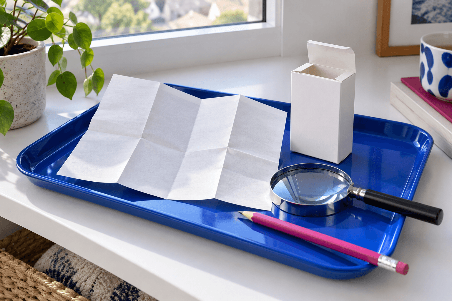 Unbranded carton and blank folded leaflet on a blue tray with a magnifying glass