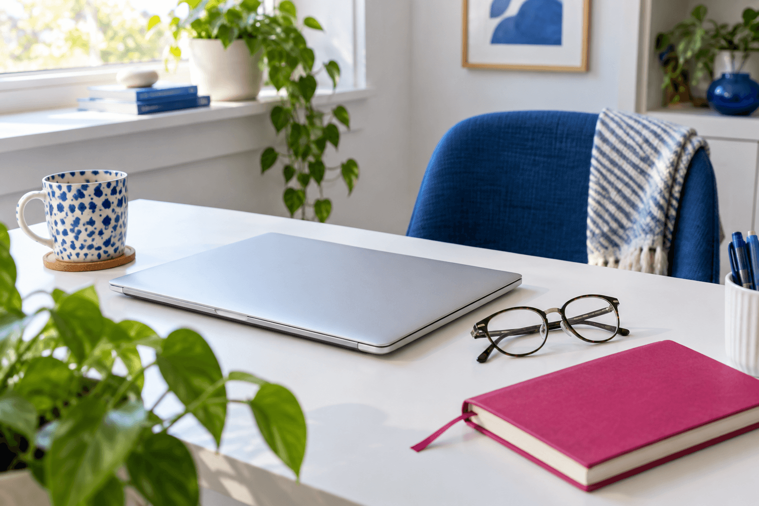 Closed laptop, reading glasses, and pink notebook at a blue upholstered chair