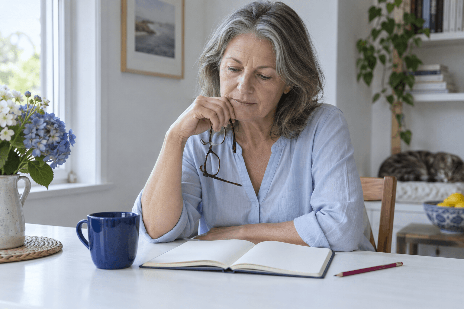 Woman reading a notebook at a kitchen table with a blue mug