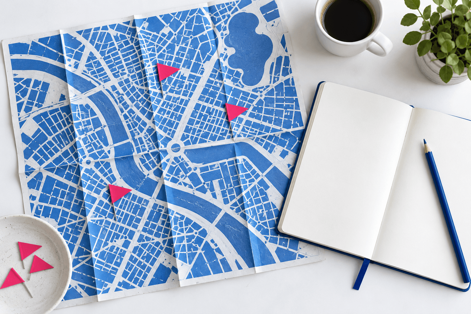 Blue paper map with pink markers beside an open notebook